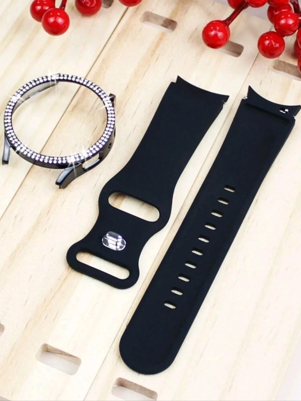 2 Pc. Samsung Galaxy Watch 4/5 44mm Black Rhinestone Case & Silicone Band